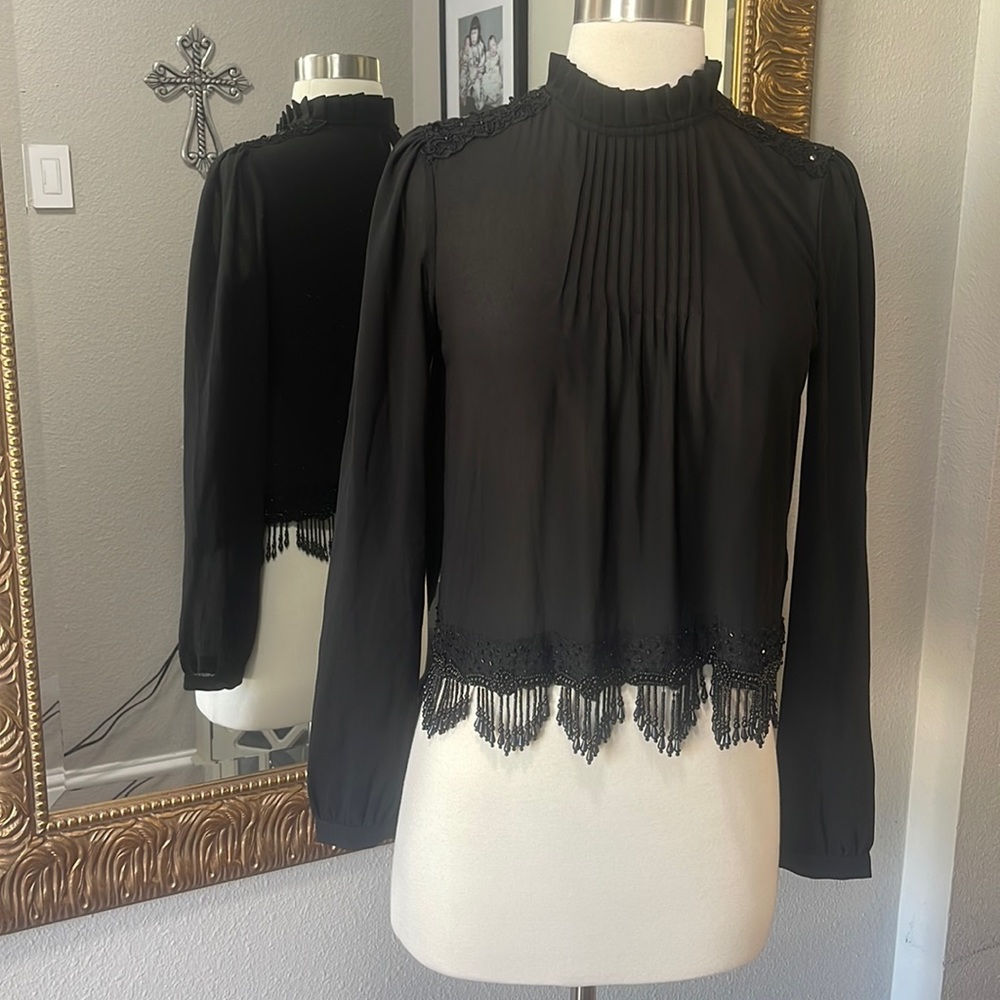 MICHAEL Michael Kors Black Long-Sleeve Lace Trim Pleated Blouse